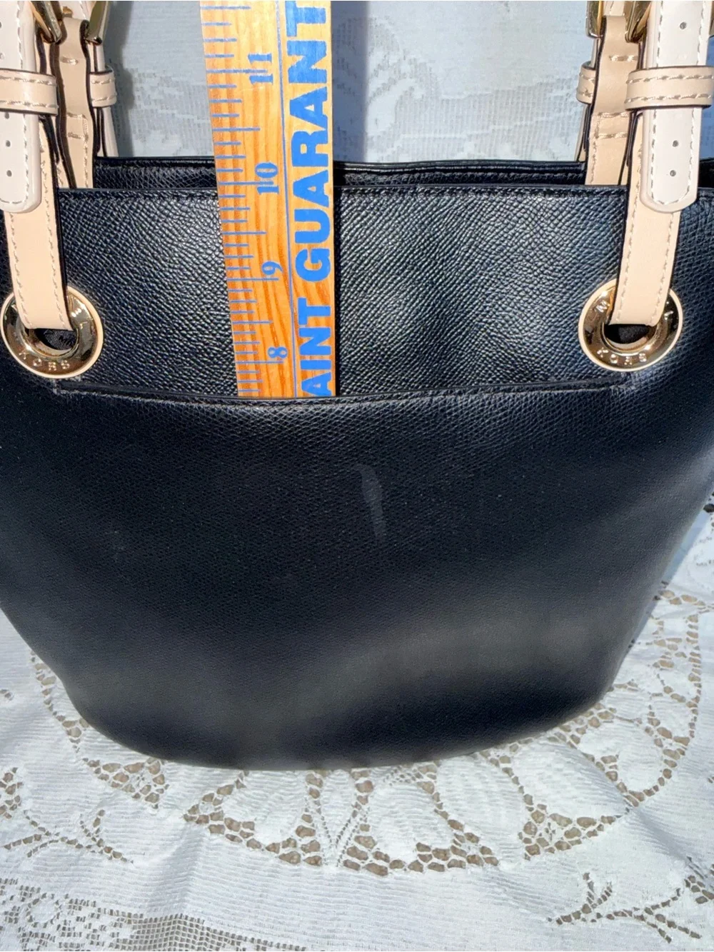 Michael Kors Bedford Medium Pocket Tote Black Saffiano Leather Tan Straps